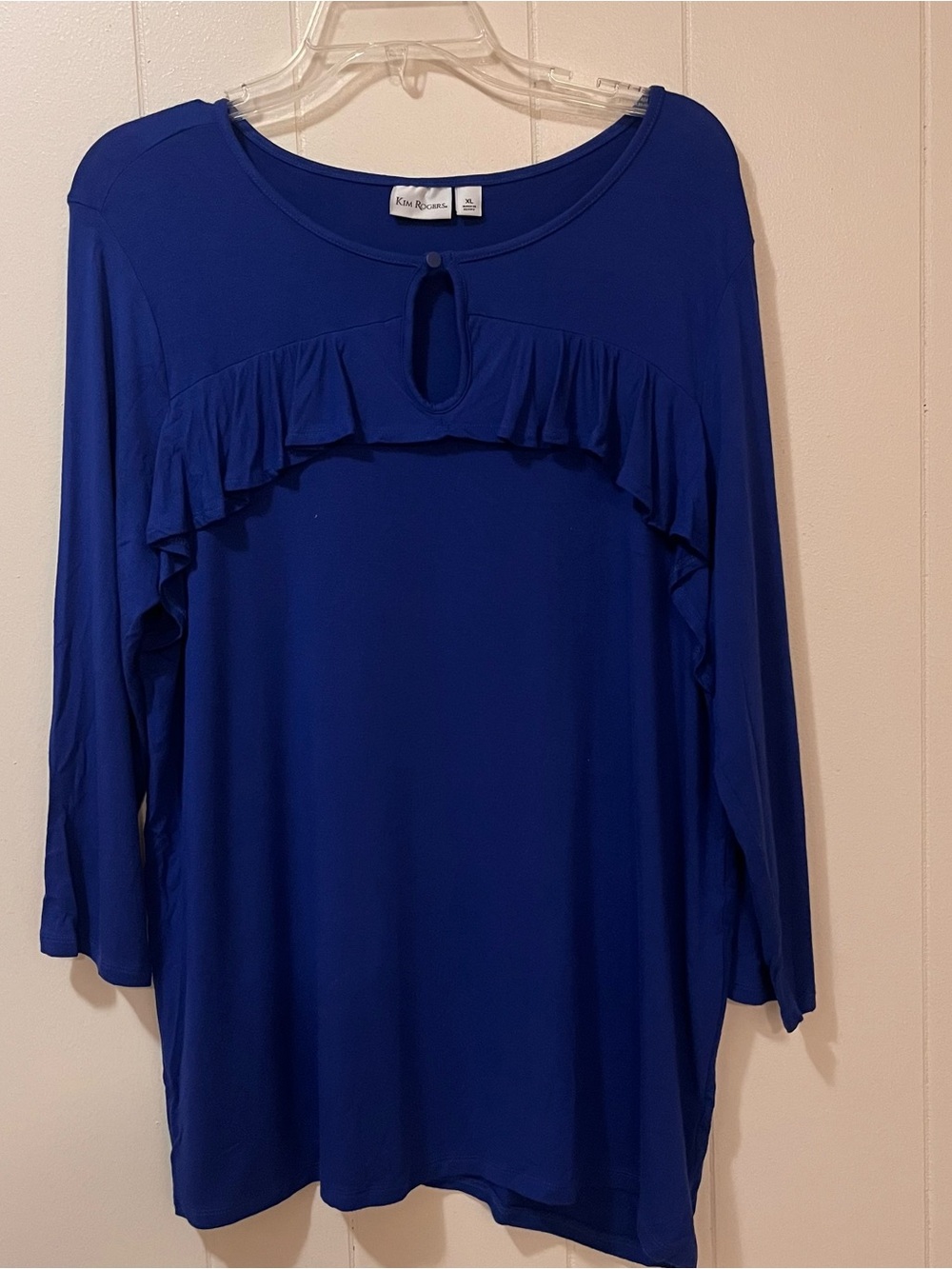 Kim Rogers Deep Blue Ruffle Keyhole Long-Sleeve Top-b144